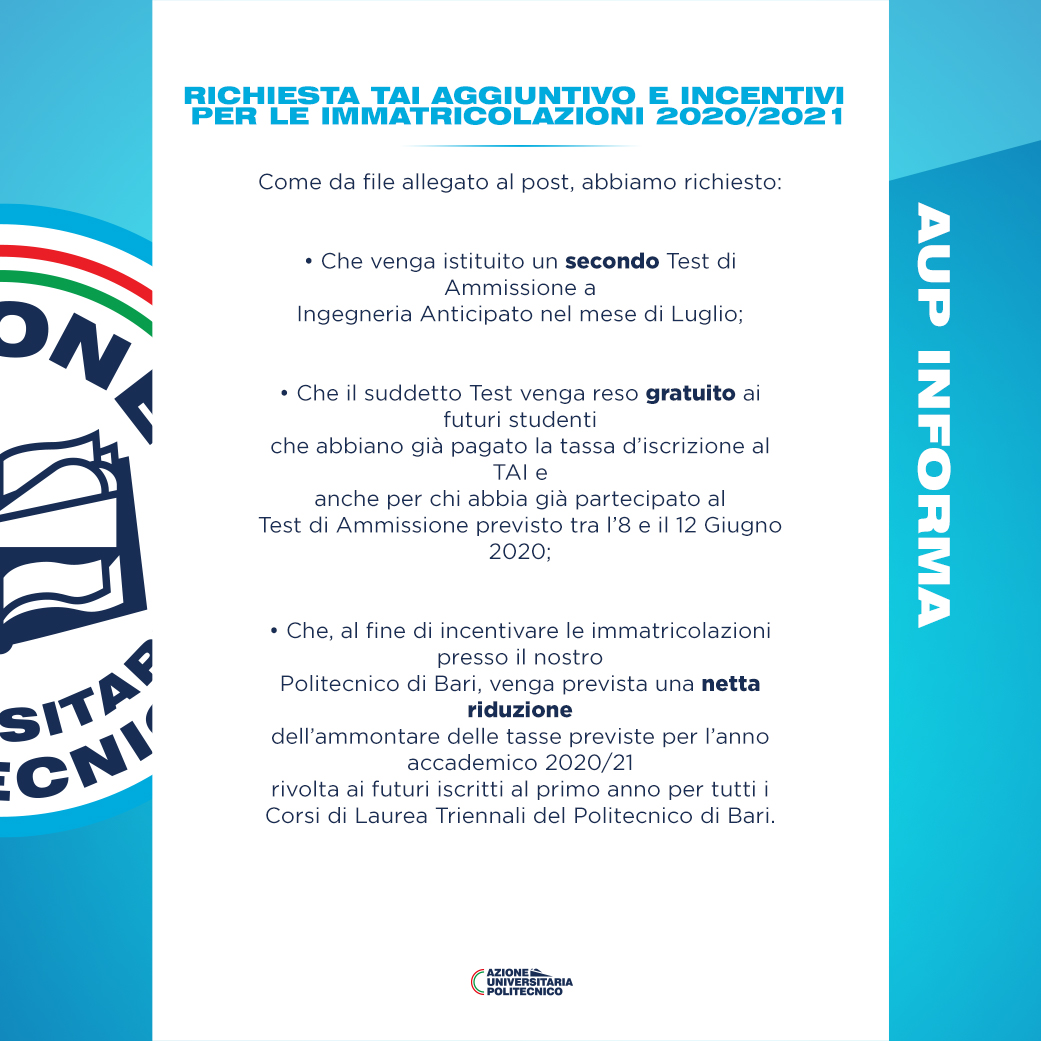 Richiesta TAI aggiuntivo ed incentivi per le immatricolazioni 2020/2021